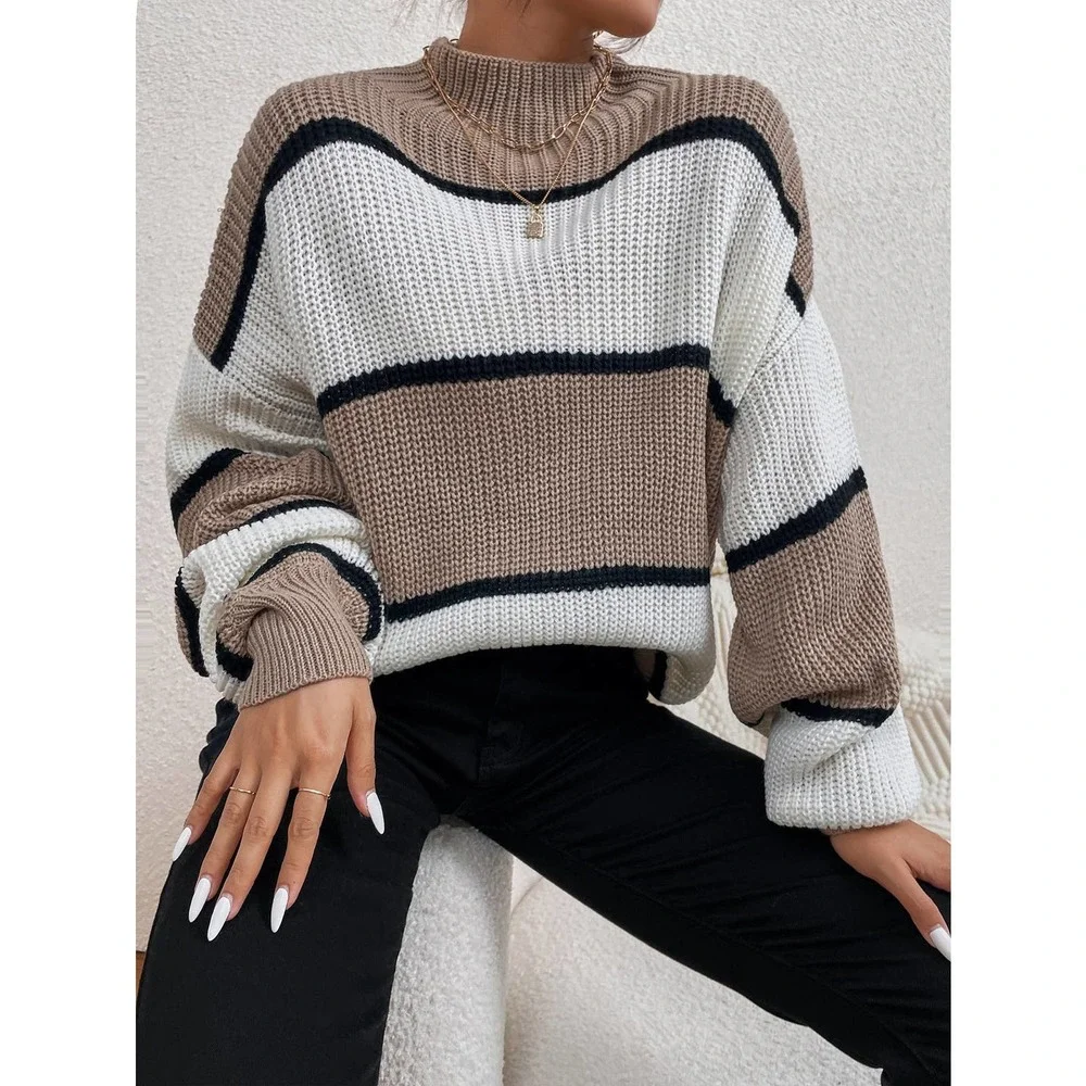 Color Block striped Mock Neck oversized Sweater tan white black - Picture 6 of 6